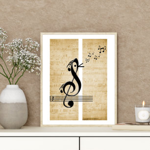 Treble Clef Bird Musiknotens Vintage Notenmusik Poster