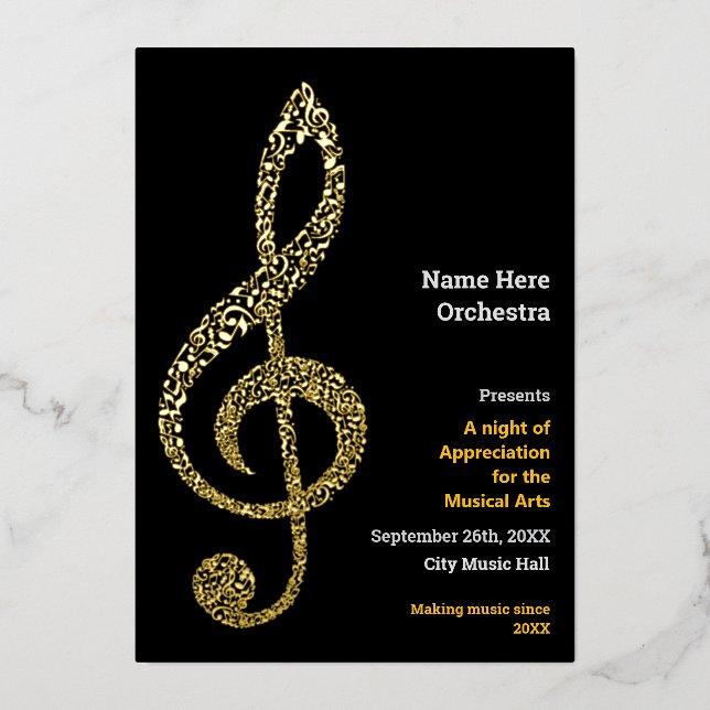 Treble clef Elegant Minimal Gold Musiknoten Text Folieneinladung (Vorderseite)