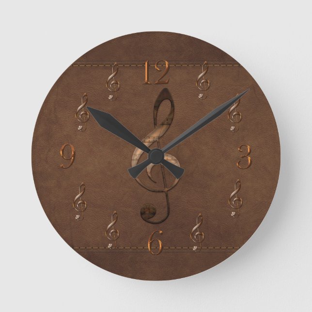 Treble Clef Music-Imitate Leather Wall Clock Runde Wanduhr (Vorderseite)