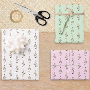 Treble Clef Music Themed Cream Green Pink Set 3 Geschenkpapier Set