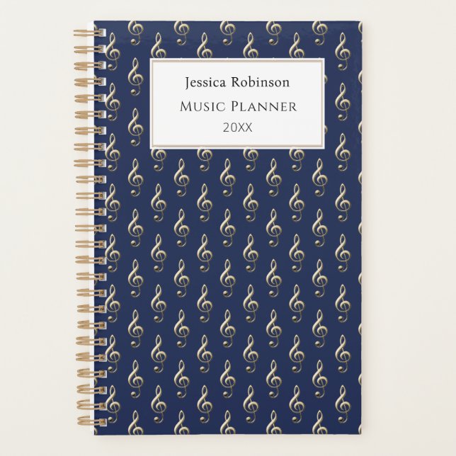 Treble Clef Music Themed Pattern Elegantes Navy Bl Planer (Vorderseite)