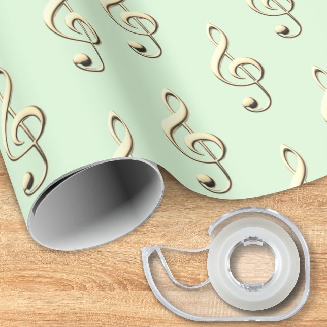 Treble Clef Musical Symbol Music Lover's Green Geschenkpapier (A music themed roll of gift wrapping paper, in light green with pattern of faux gold treble clefs)
