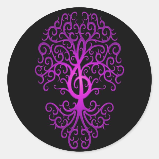 Treble Clef Tree, lila & schwarz Runder Aufkleber (Vorderseite)