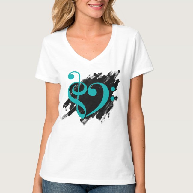 Treble und Bass Clef Musical Herz Türkis T-Shirt (Vorderseite)