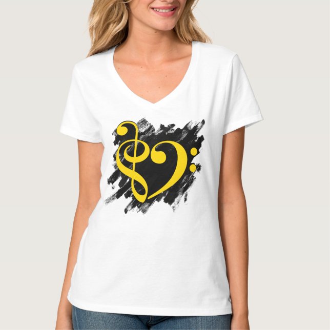 Treble und Bass Clef Musikalisches Herz gelb T-Shirt (Vorderseite)