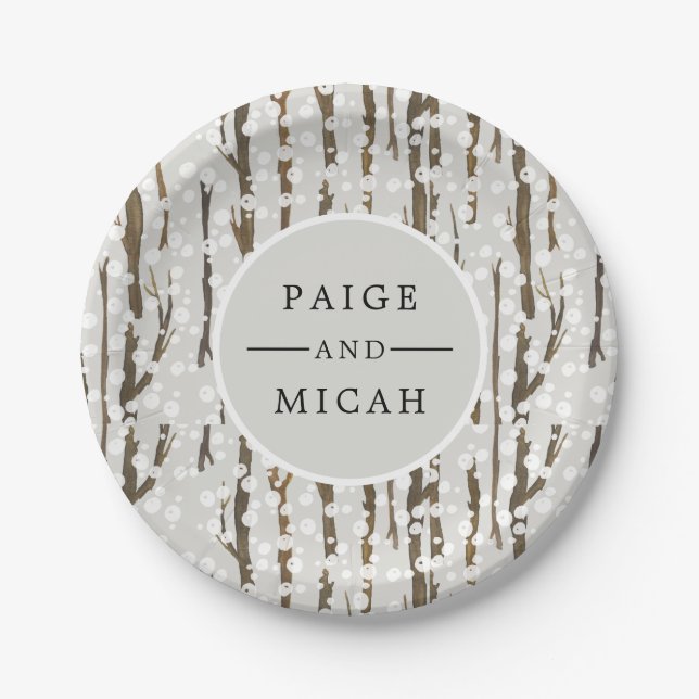 "Tree and Snow Winter Engagement Party" Pappteller (Vorderseite)