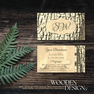 Tree Bark Wood Grain Oval Gold Border and Monogram Visitenkarte