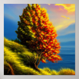 Tree by the Ocean at Sunset Poster