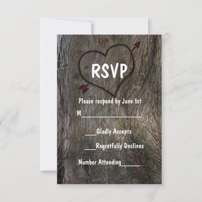 Tree + Carved Heart Rustic Wedding RSVP Card (Vorderseite)