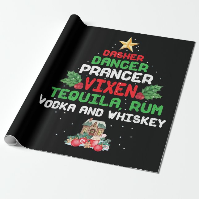 Tree Dasher Dancer Prancien Vixen Tequila Whiskey Geschenkpapier (Ungerollt)