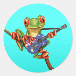 Tree Frog Playing Australian Flag Guitar Blue Runder Aufkleber