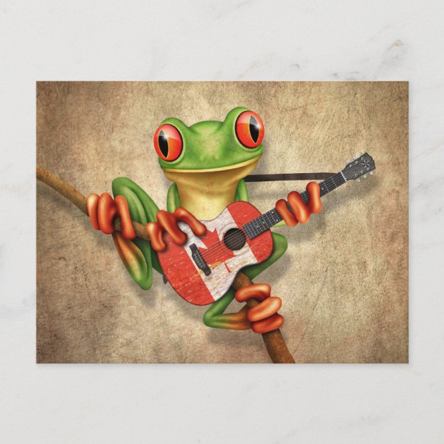 Tree Frog Playing Canadian Flag Guitar Postkarte (Vorderseite)