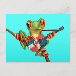 Tree Frog Playing Dominikanische Flaggengitarre Bl Postkarte