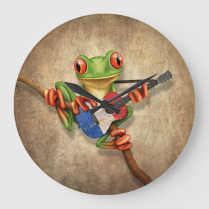 Tree Frog Playing French Flag Guitar Große Wanduhr