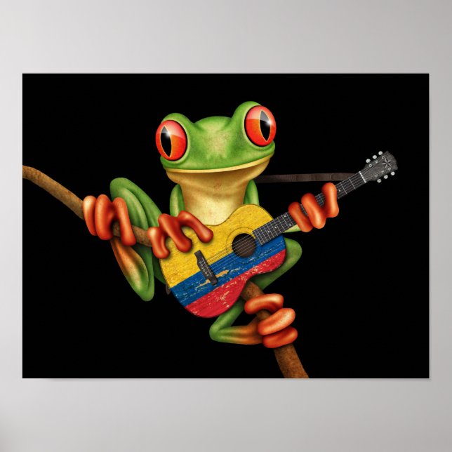 Tree Frog Playing kolumbianischen Flag Gitarre sch Poster (Vorne)