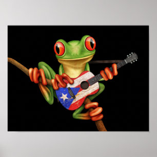 Tree Frog Playing Puerto Rico Flag Gitarre Schwarz Poster