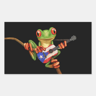 Tree Frog Playing Puerto Rico Flag Gitarre Schwarz Rechteckiger Aufkleber