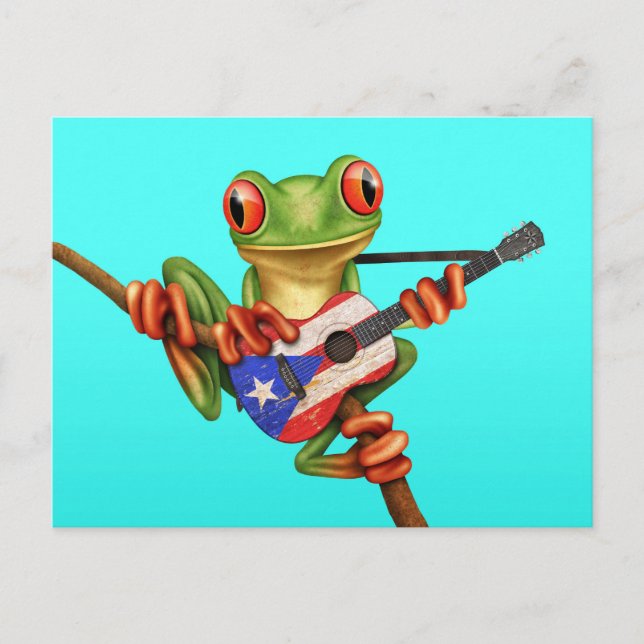 Tree Frog Playing Puerto Rico Flag Guitar Blue Postkarte (Vorderseite)