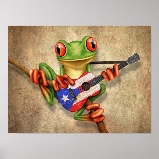 Tree Frog Playing Puerto Rico Flag Guitar Poster (Vorne)
