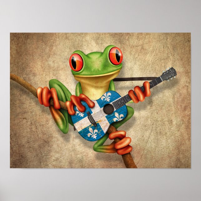 Tree Frog Playing Quebec Flag Gitarre Poster (Vorne)