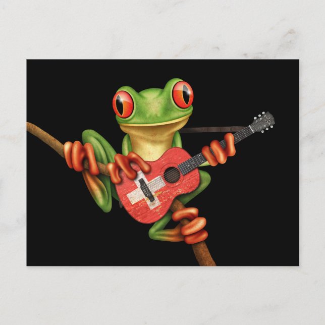 Tree Frog Playing Swiss Flag Gitarre Black Postkarte (Vorderseite)