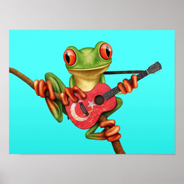 Tree Frog Playing Türkische Flag Gitarre Blue Poster (Vorne)