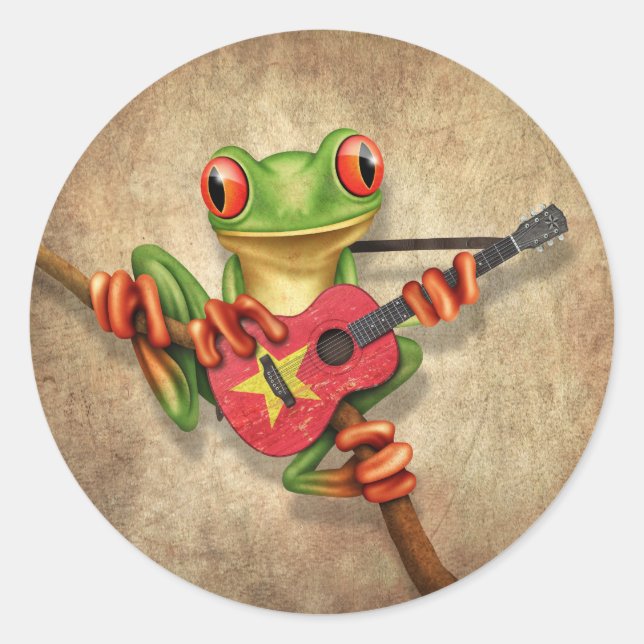 Tree Frog Playing Vietnamese Flag Guitar Runder Aufkleber (Vorderseite)