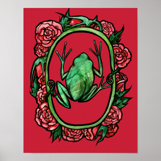 Tree Frog Rose niedliche rote Rose Froschkunstfrös Poster (Vorne)