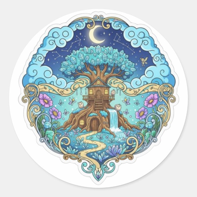 Tree House Under Moon Fantasy magical illustration Runder Aufkleber (Vorderseite)
