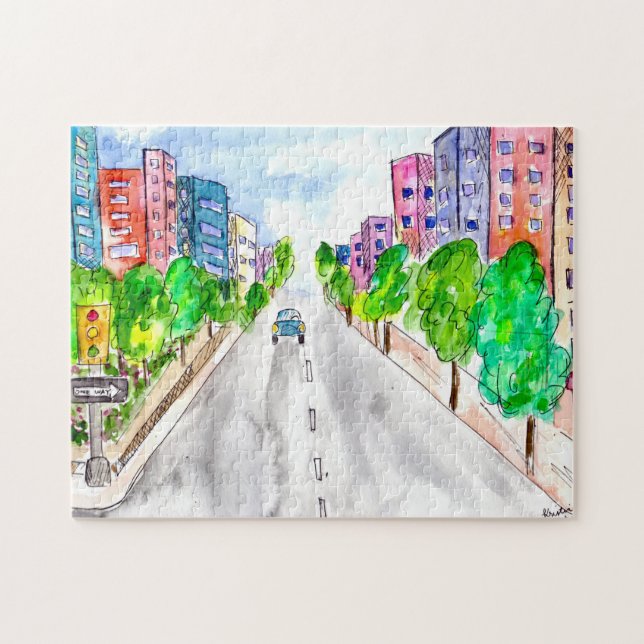 Tree Lined Street Watercolor Tinte Illustration Ar Puzzle (Horizontal)