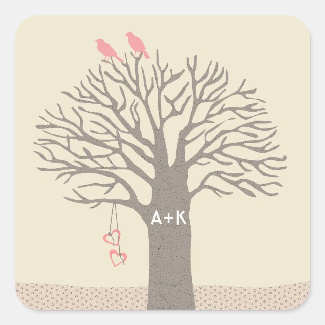 Tree Love Birds Liebe Initials Custom Sticker (Vorderseite)