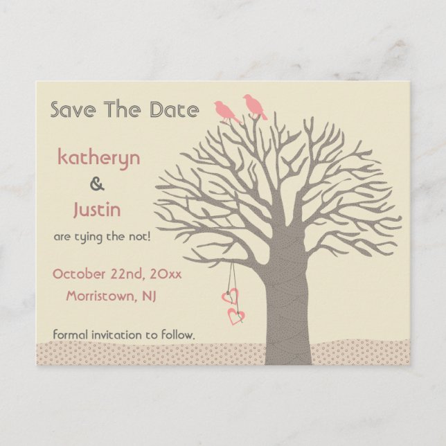 Tree Love Birds Save the Date Postcard Ankündigungspostkarte (Vorderseite)