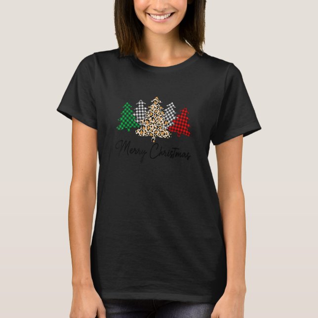 Tree Merry Christmas Leopard Print Buffalo Kariert T-Shirt (Vorderseite)