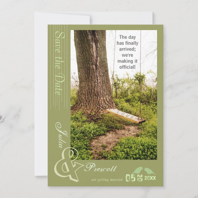 Tree n Swing Country Wedding Save the Date lädt ei (Vorderseite)