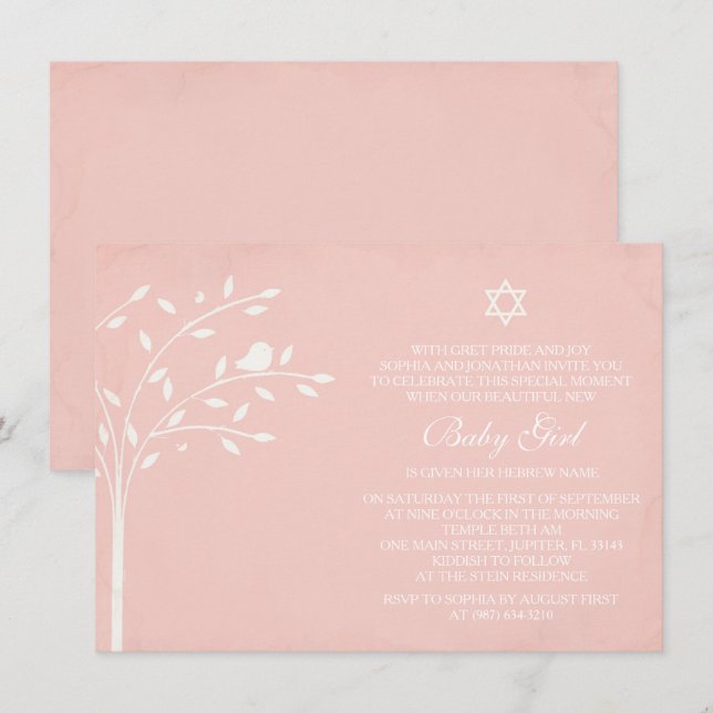 Tree of Life Baby Girl Naming Day Invite, Pink Einladung (Vorne/Hinten)