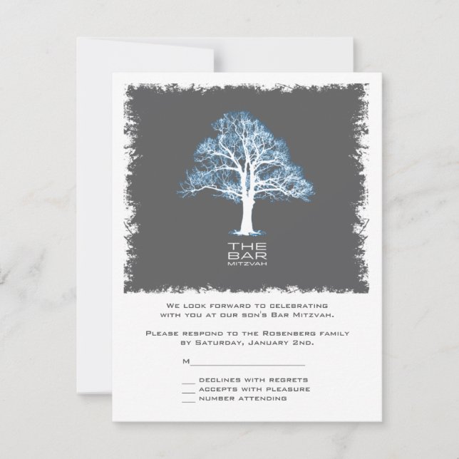 Tree of Life Bar Mitzvah Reply Card, blau und grau RSVP Karte (Vorderseite)
