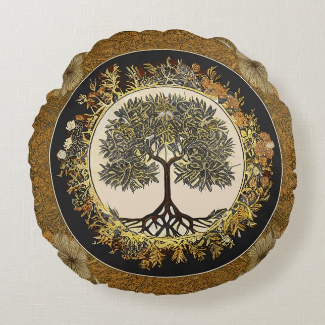 Tree of Life by kedoki Floral Gold Stickerei Thro Rundes Kissen (Vorderseite)