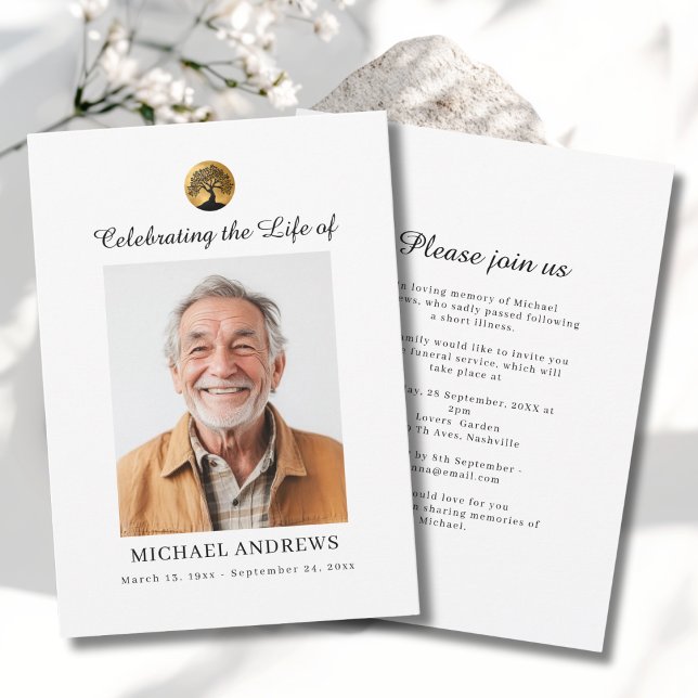 Tree of Life - Celebration of Life Funeral Photo  Einladung (Tree of Life - Celebration of Life Funeral Photo White Invitation - Print & Instant Download.)