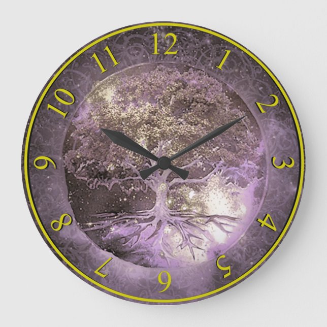 Tree of Life Clock Lila und Gold Große Wanduhr (Vorderseite)