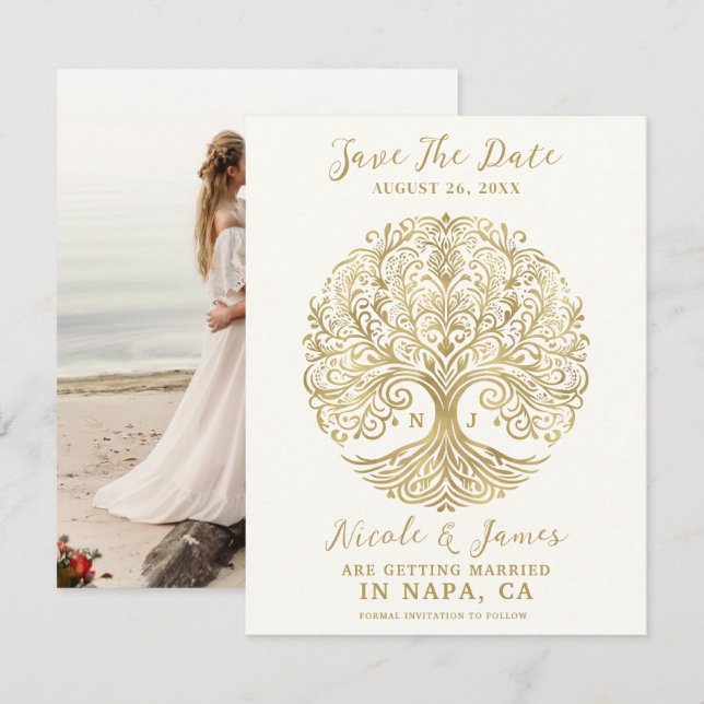 Tree of Life Cream & Gold Celtic Save the Date Einladung (Vorne/Hinten)