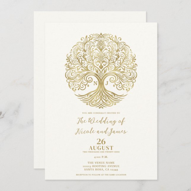 Tree of Life Cream & Gold Celtic Wedding Einladung (Vorne/Hinten)