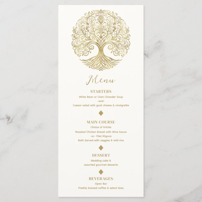 Tree of Life Cream & Gold Celtic Wedding Menu Menükarte (Vorderseite)