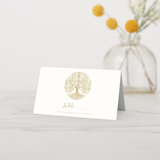 Tree of Life Cream & Gold Celtic Wedding Table Platzkarte (Vorderseite)