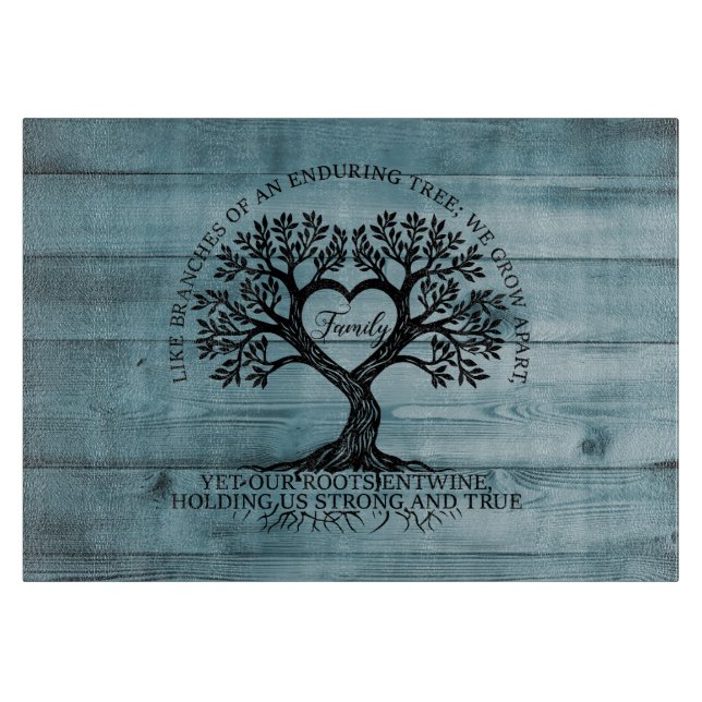 Tree of Life Family Glass Cutting Board on Blue Schneidebrett (Vorderseite)