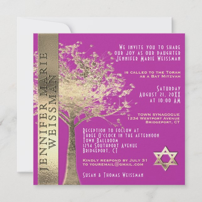 Tree of Life Gold and Gold and Pink Bat Mitzvah Einladung (Vorderseite)