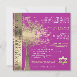 Tree of Life Gold and Gold and Pink Bat Mitzvah Einladung