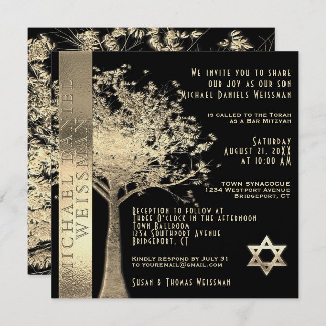 Tree of Life Gold und Black Bar Mitzvah Einladung (Vorne/Hinten)