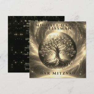Tree of Life Gold und Black Bar Mitzvah Einladung