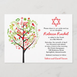 Tree of Life Red Green Bat Mitzvah Einladung