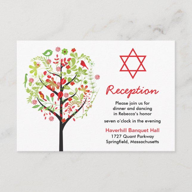 Tree of Life Red Green Bat Mitzvah Empfang Card Begleitkarte (Vorderseite)